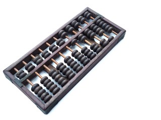 Old and ancient abacus made of wood and attached with a metal plate. On a white background It is a tool for calculating. This is China's first calculator.
