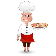 pig with pizza isolted on a white background. Vector