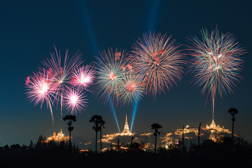 The colorful fireworks at Kao Wang Temple in Petchaburi, Thailand