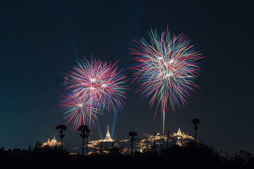Fototapeta na wymiar The colorful fireworks at Kao Wang Temple in Petchaburi, Thailand