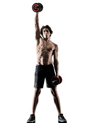Fototapeta premium one caucasian man fitness weitghs training exercises studio in silhouette isolated on white background