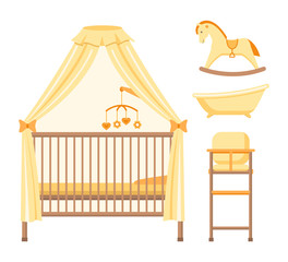 Cot, rocking horse, high chair and baby bath. Set of isolated objects on a white background. Vector illustration.
