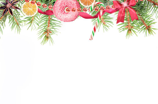 Christmas holiday pine decoration on white background.