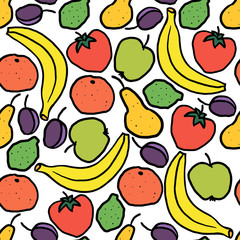 Seamless pattern with hand drawn fruits: banana, plum, orange, pear, lime, persimmon on white background. Cartoon fruit. Vector illustration. 