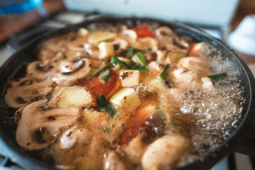 Soup is brewed in a saucepan