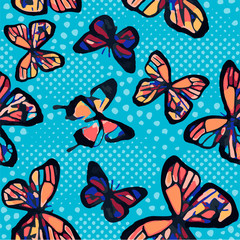 Butterflies seamless pattern for girls with colorful dots. Girlish print with bright butterfly