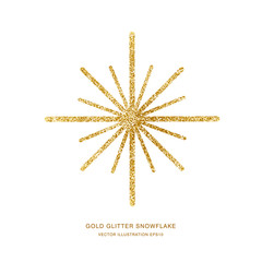 Gold glitter texture snowflake isolated on white background. Vector illustration.