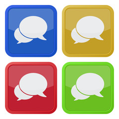 four square color icons, two speech bubbles