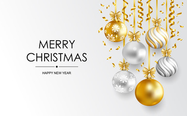 Merry Christmas and Happy New Year card with balls and serpentine. Vector illustration.