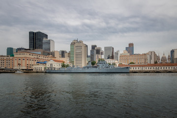 Fototapeta premium Downtown Rio de Janeiro skyline with an old submarine from Guanabara Bay - Rio de Janeiro, Brazil
