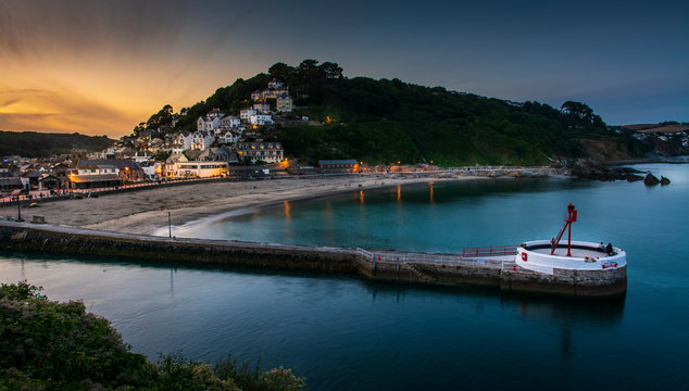 View into Looe Harbour at Sunset