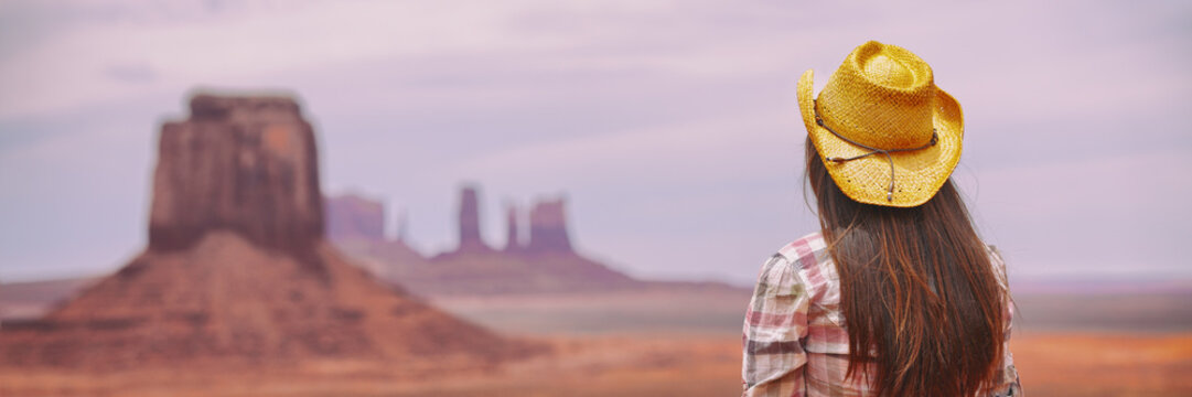 Cowgirl Woman Enjoying View Of Monument Valley In Cowboy Hat. Beautiful Young Girl In Outdoors, Arizona Utah, USA. Banner Panorama.