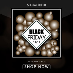 Black friday sale on gold shiny background. Gold glitter sparkles background. Black friday logo for banners, web pages, brochure layout, headers and flyers, design. Christmas and New Year. Vector