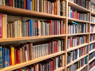 Image of wooden book shelf with books