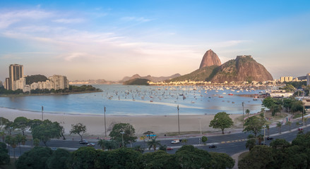 Aerial view of Botafogo, Guanabara Bay and Sugar Loaf Mountain at sunset - Rio de Janeiro, Brazil