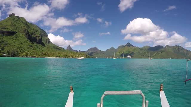 View from the front of a boat arriving in Opunohu Bay. Sunny day in French Polynesia Moorea