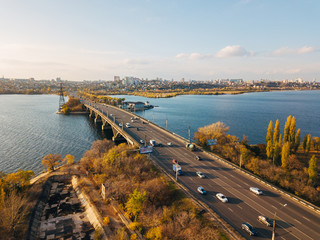 Obraz premium Aerial autumn Voronezh cityscape from drone flight height. View of the bridge over Voronezh Water Reservoir