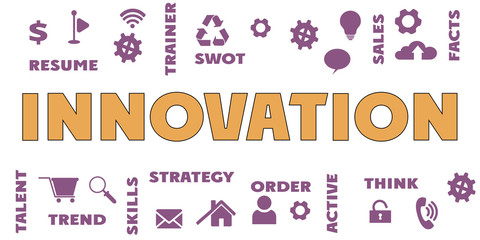 Fototapeta na wymiar INNOVATION Panoramic Banner with Gears icons and tags, words. Hi tech concept. Modern style