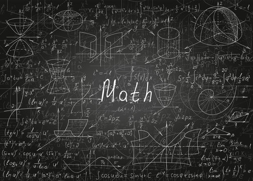 Mathematical formulas drawn by hand on a black unclean chalkboard for the background. Vector illustration.