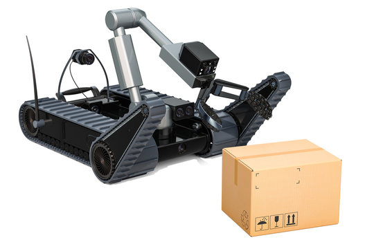 Bomb disposal robot with dangerous cardboard box, 3D rendering