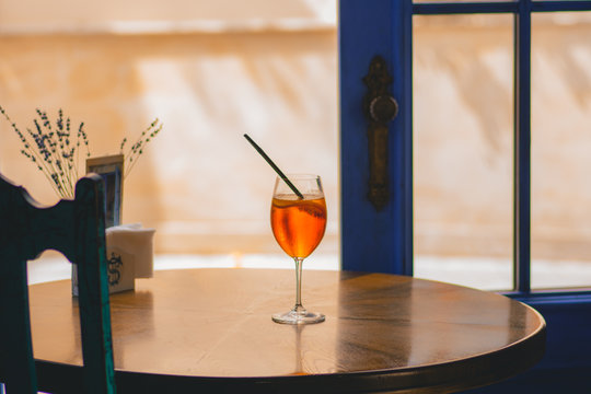 glass of wine on table in restaurant