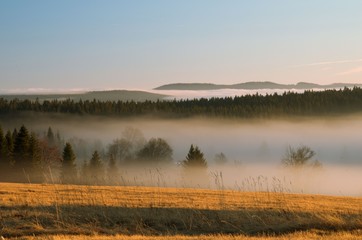 During the sunset we ascended above the mist. Captured in Zhuri settlement in Sumava mountains in Czech republic.