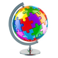 Geographical globe of planet Earth from colored puzzles. 3D rendering