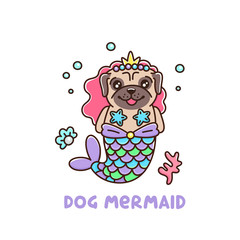 Сute dog breed pug in a mermaid costume. With tail of a mermaid, crown, pearl, shell, coral and starfish. It can be used for sticker, patch, phone case, poster, t-shirt, mug and other design.