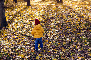 boy in a yellow jacket and a red knitted hat stands