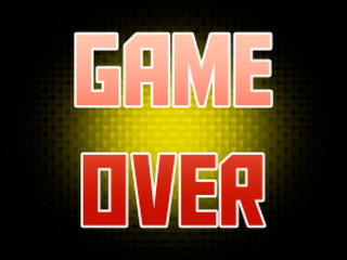 A game over text message screen, pink-red gradient on a mosaic background.
