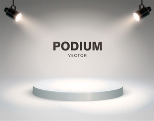 Round podium illuminated by searchlights. Stock vector illustration. - obrazy, fototapety, plakaty