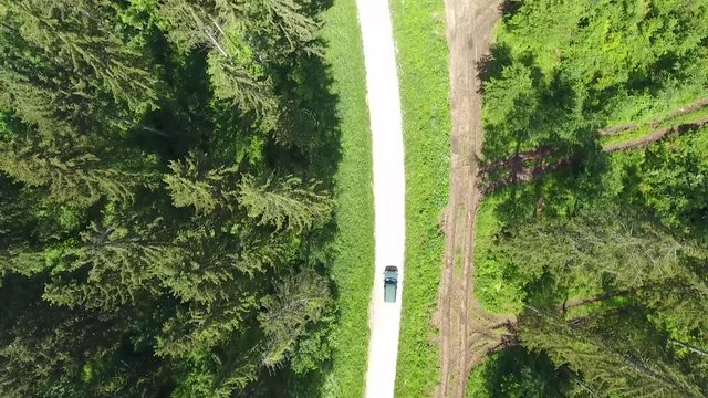 Aerial vertical view of a car driving in Verdun Forest path