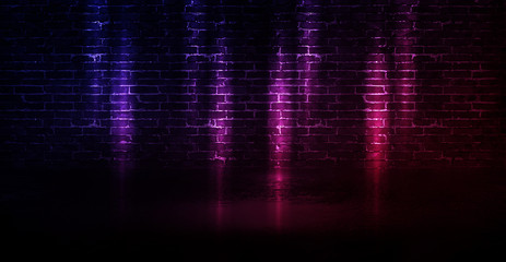 Background of empty brick wall, concrete floor, neon light, searchlight rays, smoke, smog