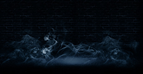 Background of empty brick wall, concrete floor, neon light, searchlight rays, smoke, smog