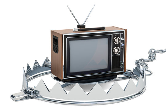 TV set inside bear trap. TV dependence concept, 3D rendering