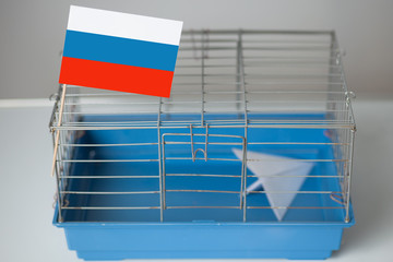 Russia is blocking Telegram: silhouette of a paper plane behind bars on a blue background