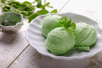 Mint ice cream on a white background.
