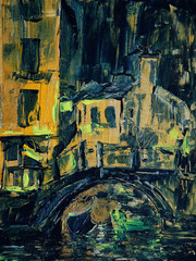 Night view of the canal with boat and bridge in Venice