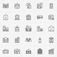 Buildings line icon set with farm, house and bank