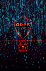 GDPR - General Data Protection Regulation and lock on  background of matrix code.Cryptographic analysis, hacking, decoding. Computer encryption technology. Separation of a digital signal streaming.