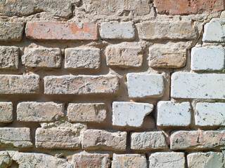 weathered old abandoned brick wall with plaster