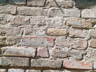 weathered old abandoned brick wall with plaster