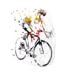 Obraz premium Road cycling, cyclist in yellow jersey, low polygonal vector illustration. Geometric bicycle rider