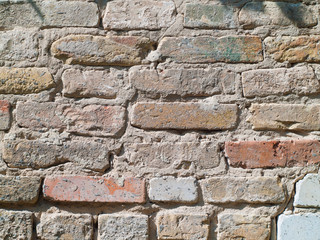 weathered old abandoned brick wall with plaster