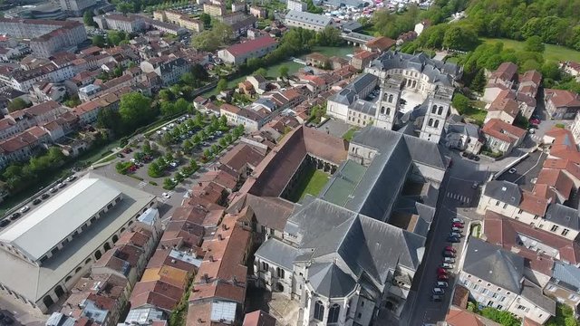 Flying over Verdun Cathedral a Roman Catholic church in Lorraine, France. 