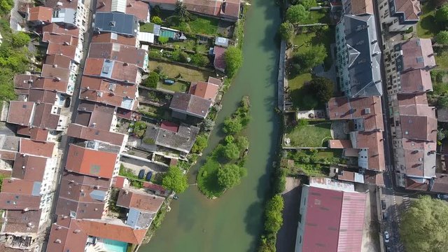 Aerial vertical drone view of Verdun, river la meuse located in France.