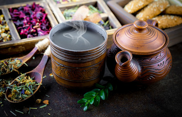 Tea in a cup on an old background
