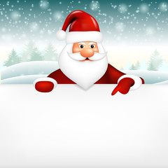 Realistic Santa Claus pointing in white blank, isolated on christmas background.