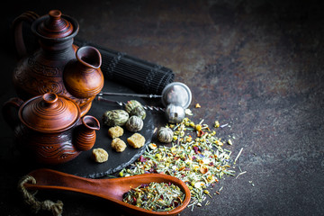 Tea leaves on old background