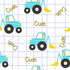 Excavator seamless pattern. Funny kids print. Vector hand drawn illustration. © bilaaa